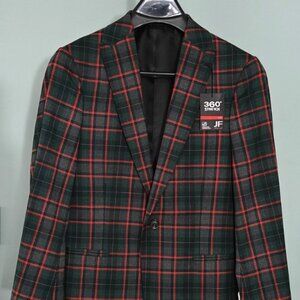 J Ferrar Sport Coat Red Slim Gray Tartan Plaid S 34/36 Short